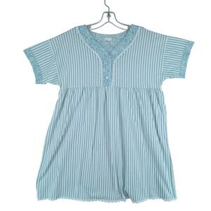 Carole Nightgown L Blue Striped Floral & Lace Trim Made in USA Sleep Shirt Retro